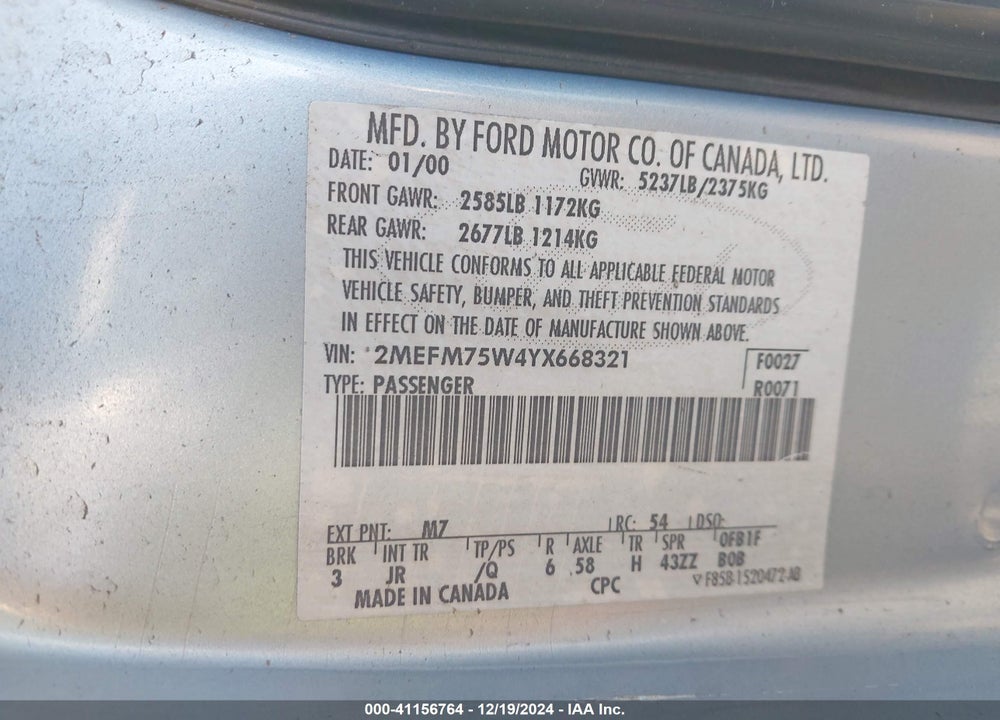 2000 MERCURY GRAND MARQUIS LS VIN: 2MEFM75W4YX668321