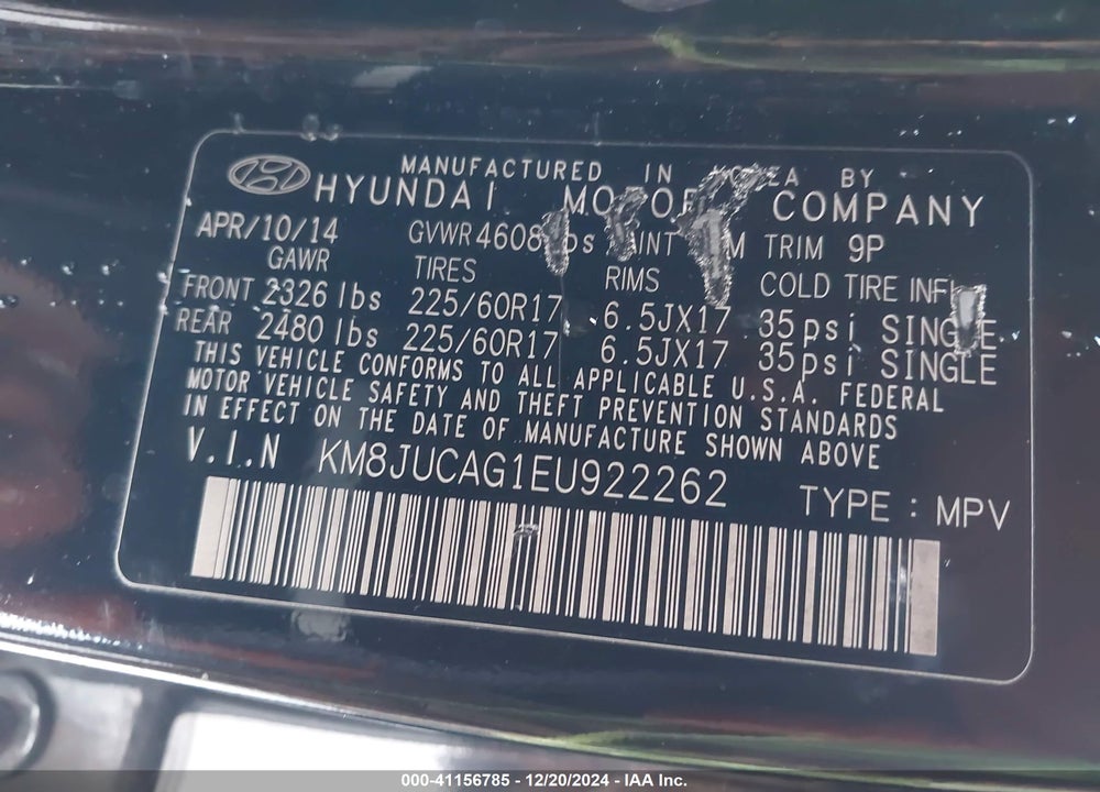 2014 HYUNDAI TUCSON SE VIN: KM8JUCAG1EU922262