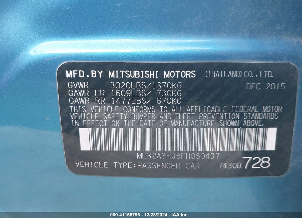 2015 MITSUBISHI MIRAGE DE/RF VIN: ML32A3HJ5FH060437