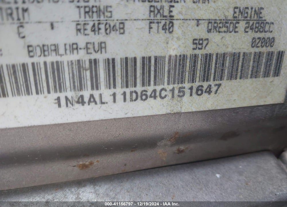 2004 NISSAN ALTIMA 2.5 S VIN: 1N4AL11D64C151647