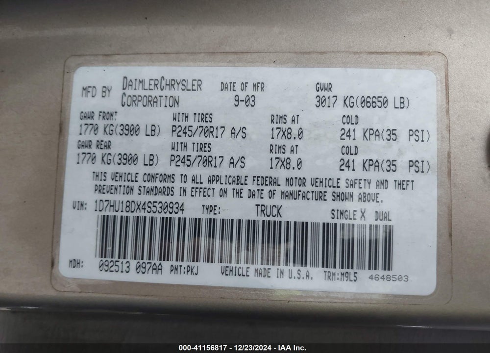 2004 DODGE RAM 1500 SLT/LARAMIE VIN: 1D7HU18DX4S530934
