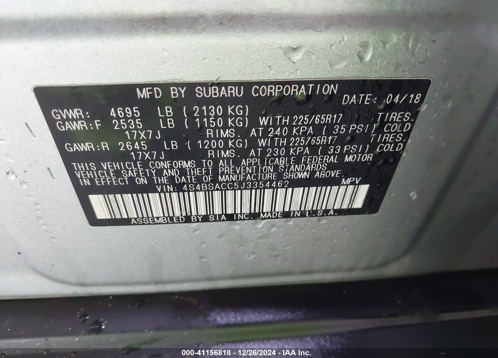 2018 SUBARU OUTBACK VIN: 4S4BSACC5J3354462