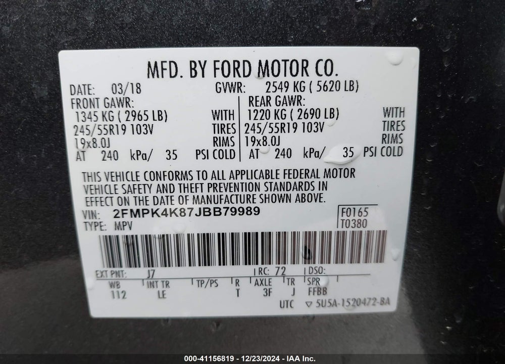 2018 FORD EDGE VIN: 2FMPK4K87JBB79989