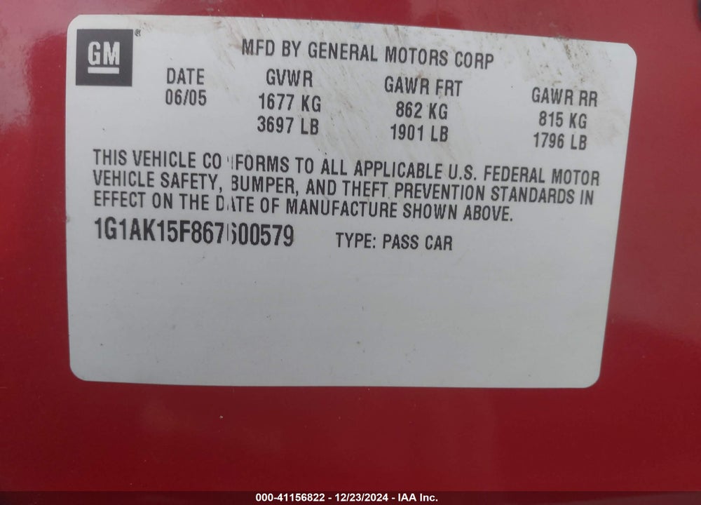 2006 CHEVROLET COBALT LS VIN: 1G1AK15F867600579