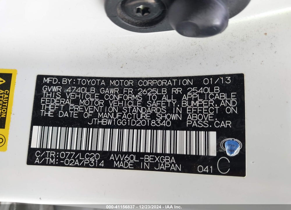 2013 LEXUS ES VIN: JTHBW1GG1D2018340