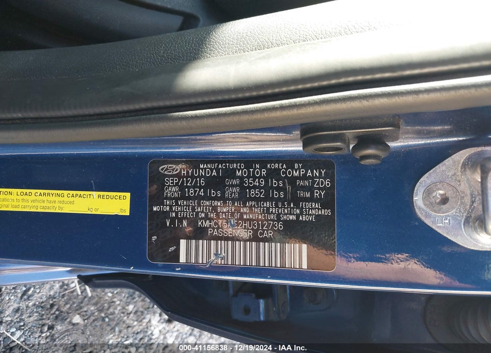 2017 HYUNDAI ACCENT VIN: KMHCT5AE2HU312736