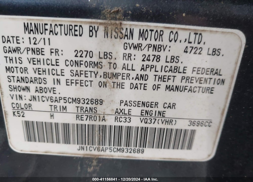 2012 INFINITI G37 VIN: JN1CV6AP5CM932689