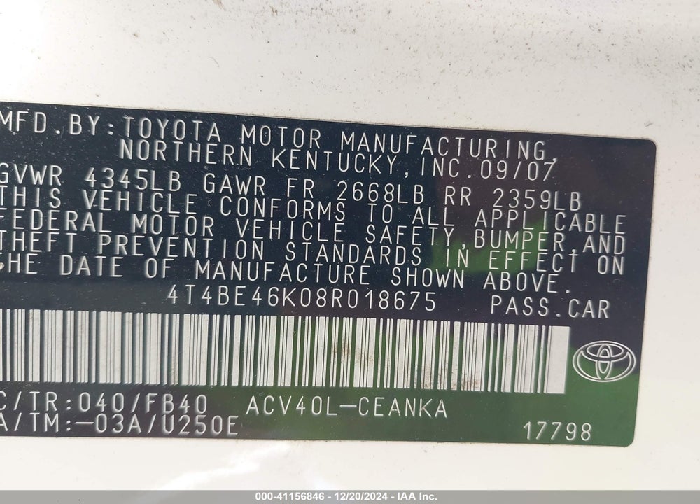 2008 TOYOTA CAMRY LE VIN: 4T4BE46K08R018675