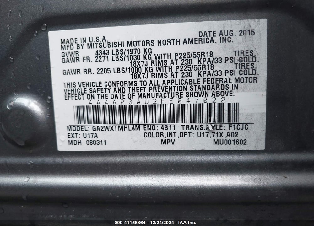 2015 MITSUBISHI OUTLANDER SPORT ES VIN: 4A4AP3AU2FE047022