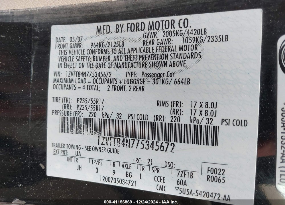 2007 FORD MUSTANG V6 DELUXE/V6 PREMIUM VIN: 1ZVFT84N775345672