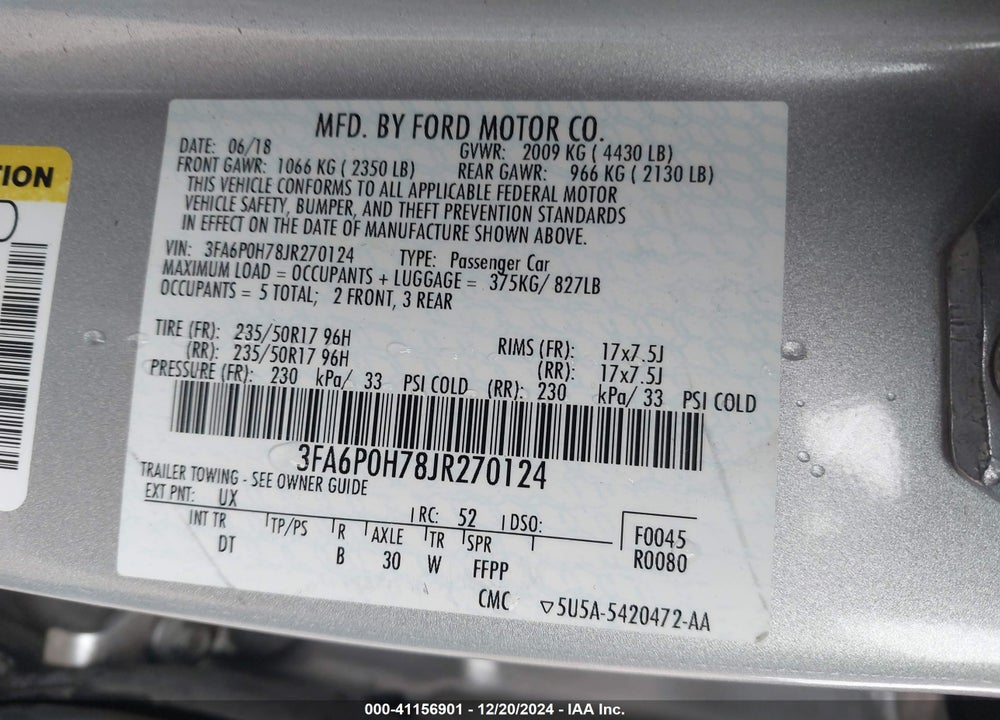 2018 FORD FUSION VIN: 3FA6P0H78JR270124