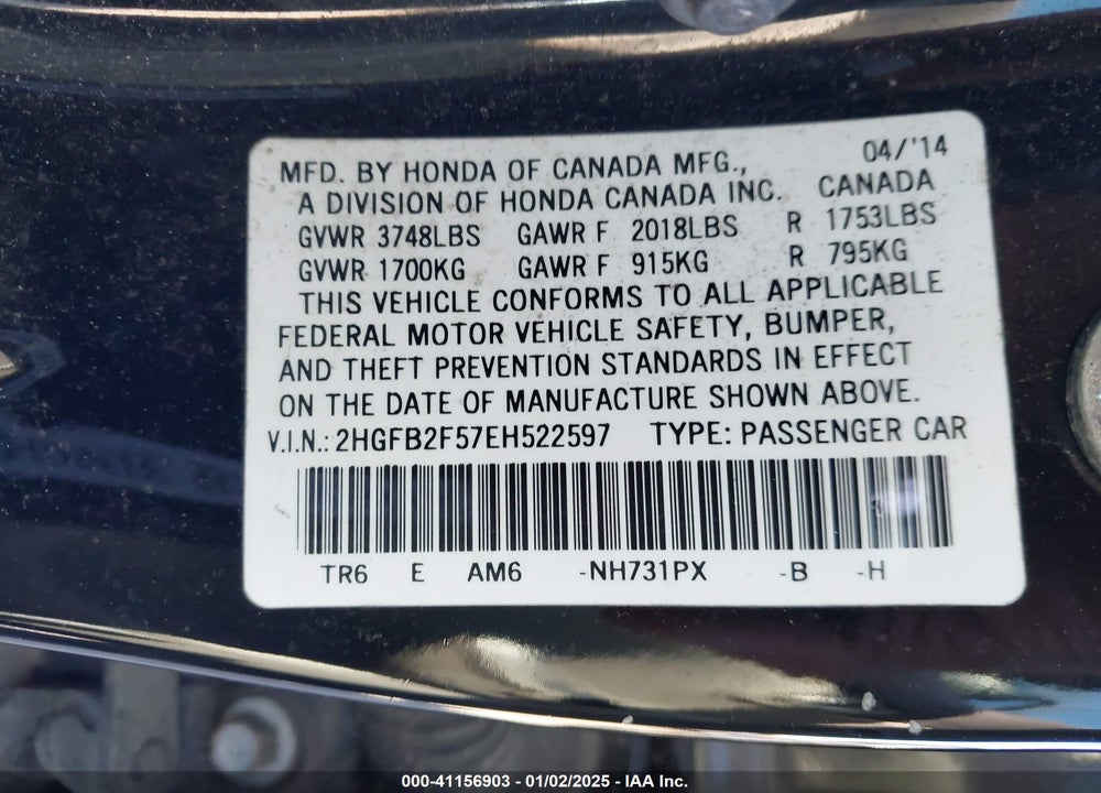2014 HONDA CIVIC VIN: 2HGFB2F57EH522597