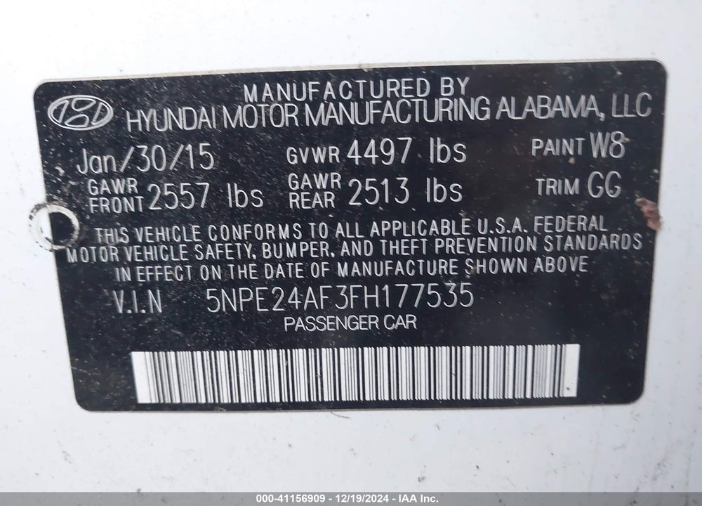 2015 HYUNDAI SONATA SE VIN: 5NPE24AF3FH177535