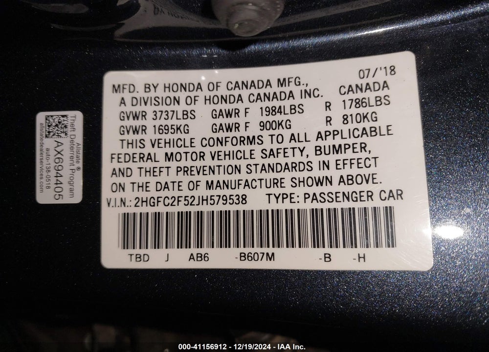 2018 HONDA CIVIC LX VIN: 2HGFC2F52JH579538