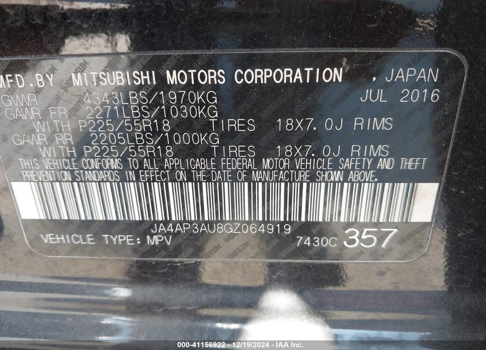 2016 MITSUBISHI OUTLANDER SPORT 2.0 ES VIN: JA4AP3AU8GZ064919
