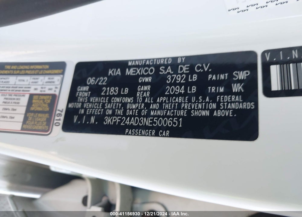 2022 KIA FORTE VIN: 3KPF24AD3NE500651
