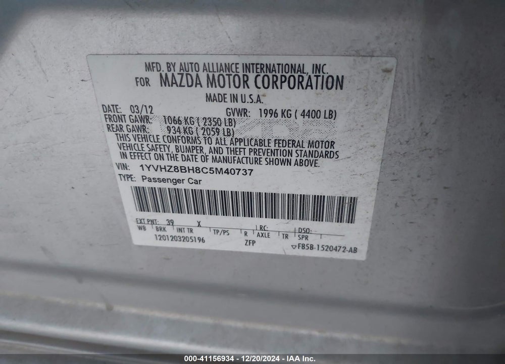 2012 MAZDA 6 I SPORT VIN: 1YVHZ8BH8C5M40737