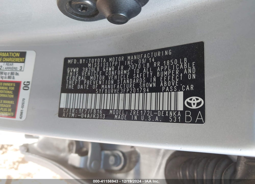 2015 TOYOTA COROLLA VIN: 5YFBURHE3FP201794