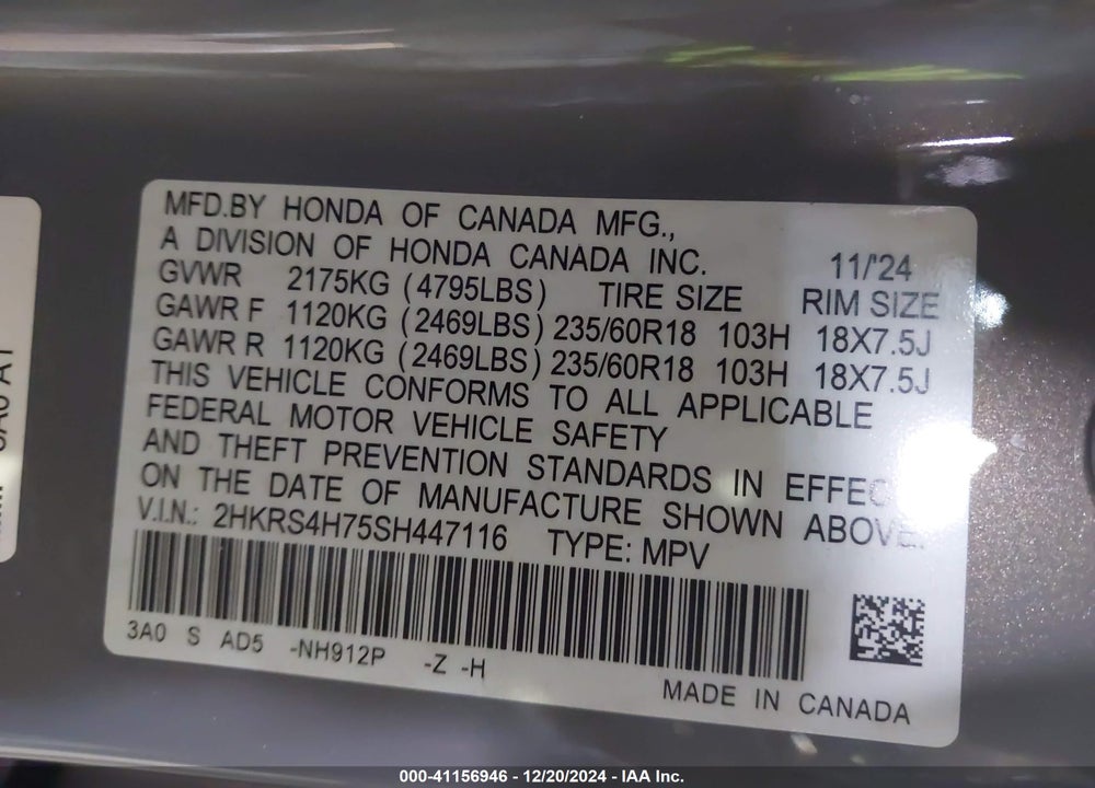 2025 HONDA CR-V VIN: 2HKRS4H75SH447116
