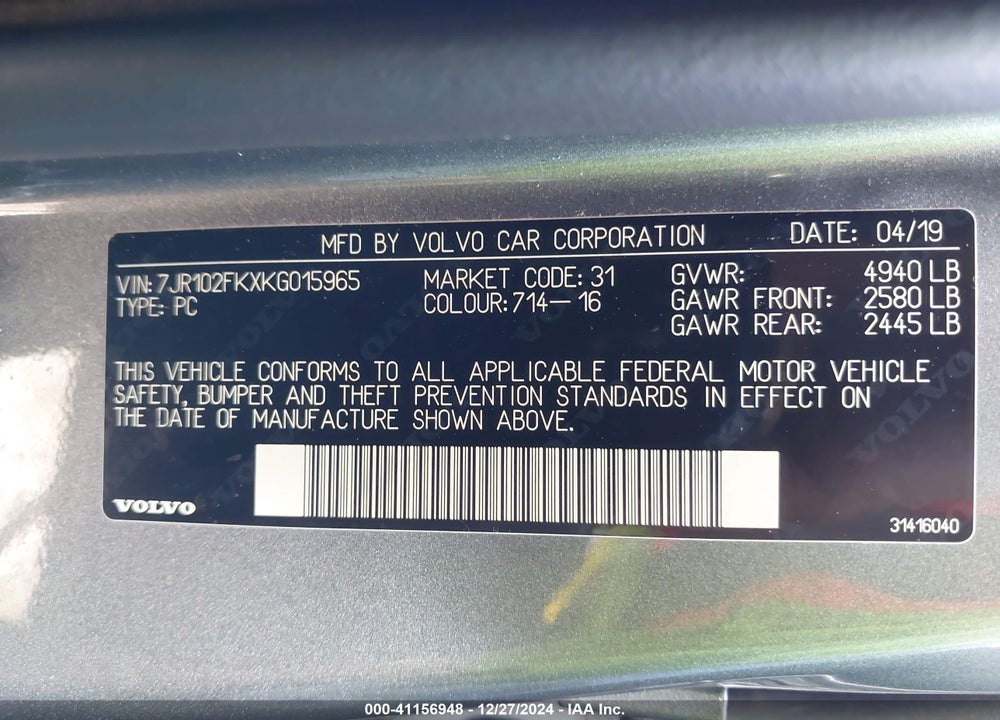 2019 VOLVO S60 VIN: 7JR102FKXKG015965