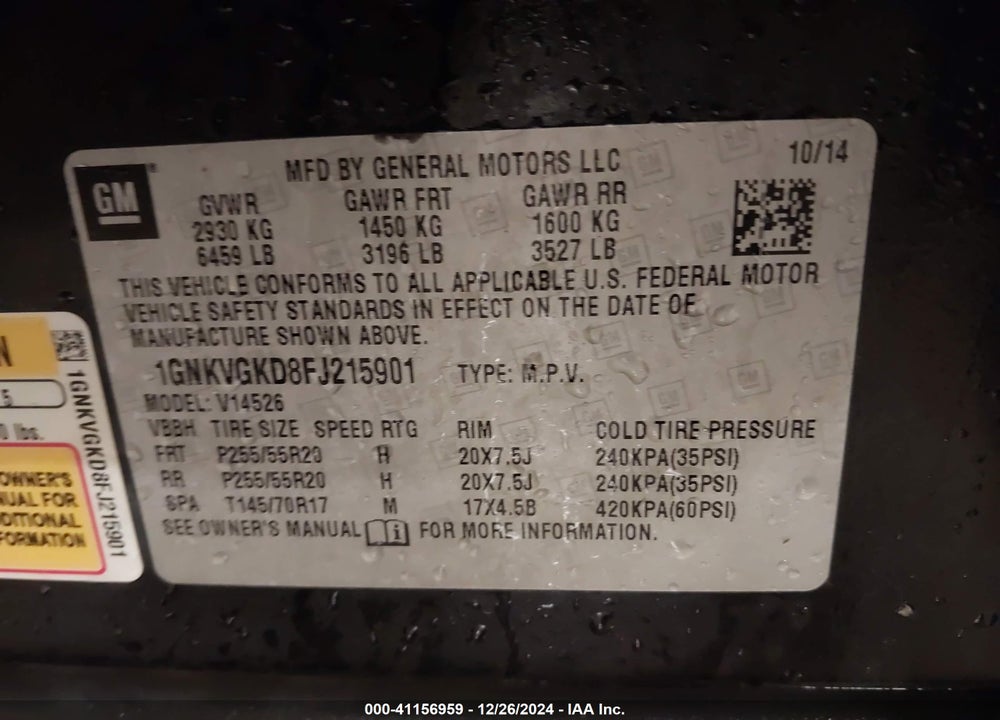 2015 CHEVROLET TRAVERSE 1LT VIN: 1GNKVGKD8FJ215901