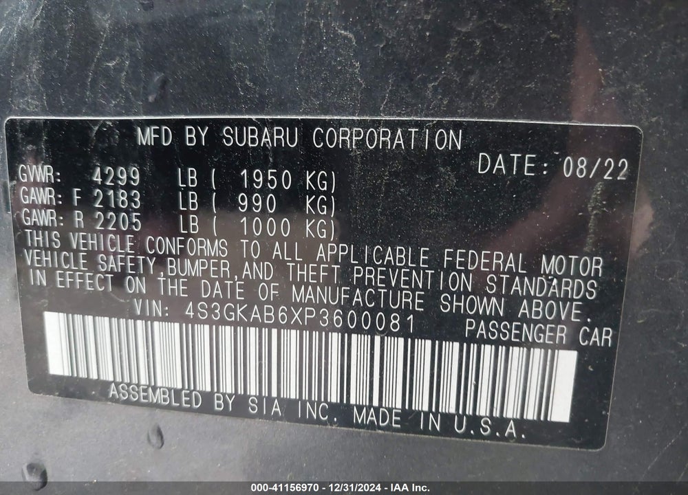 2023 SUBARU IMPREZA BASE VIN: 4S3GKAB6XP3600081