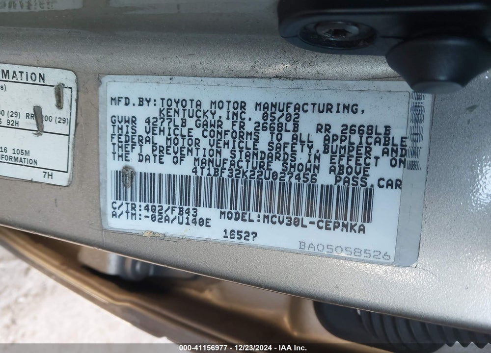 2002 TOYOTA CAMRY LE V6 VIN: 4T1BF32K22U027456