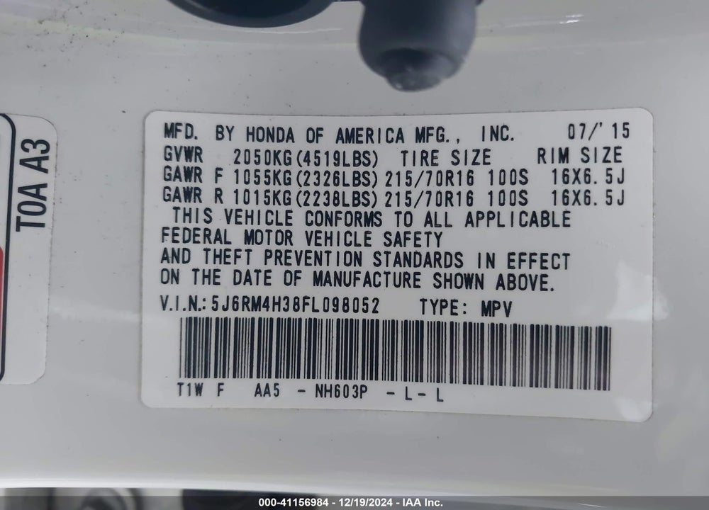 2015 HONDA CR-V LX VIN: 5J6RM4H38FL098052