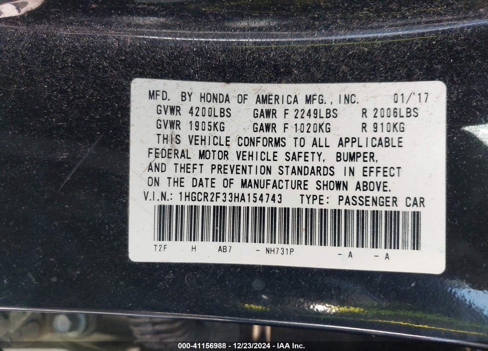 2017 HONDA ACCORD LX VIN: 1HGCR2F33HA154743