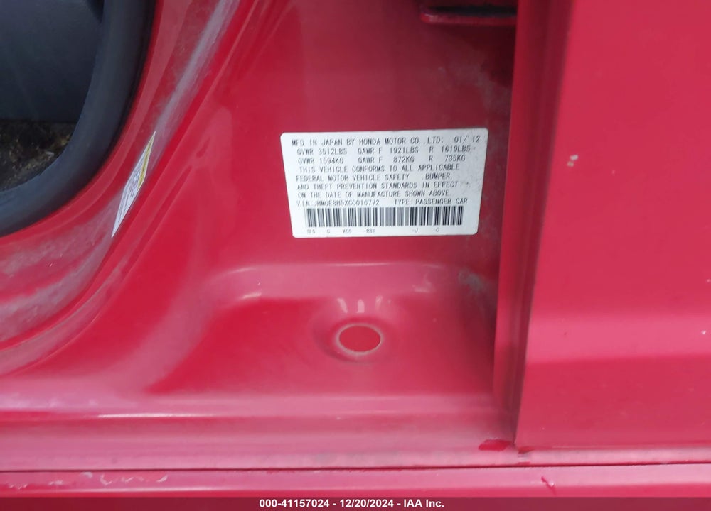 2012 HONDA FIT SPORT VIN: JHMGE8H5XCC016772