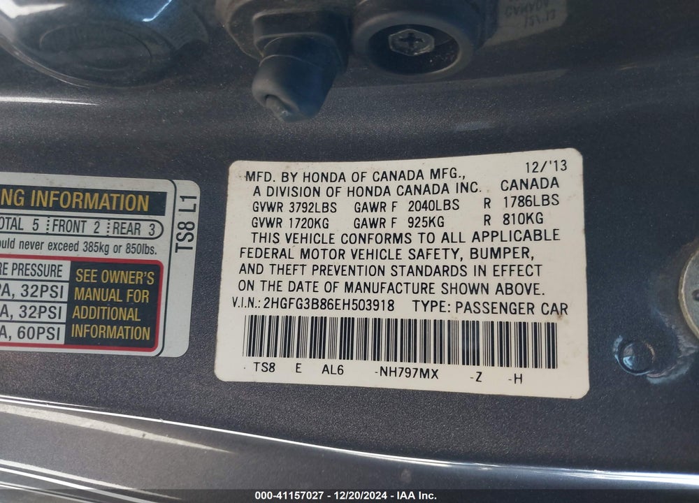 2014 HONDA CIVIC VIN: 2HGFG3B86EH503918