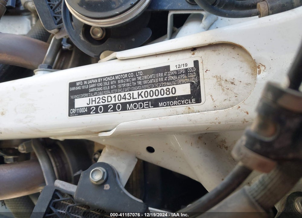 2020 HONDA CRF1100 D4 VIN: JH2SD1043LK000080