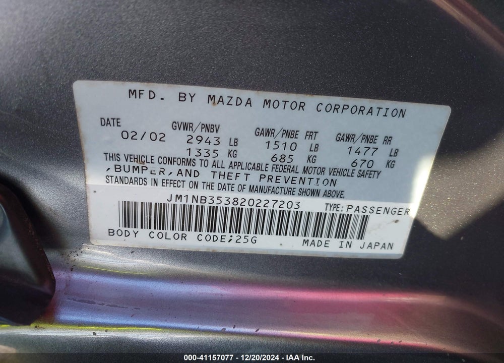 2002 MAZDA MX-5 MIATA CLOTH/LS/SE VIN: JM1NB353820227203