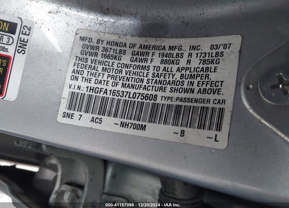 2007 HONDA CIVIC VIN: 1HGFA16537L075608