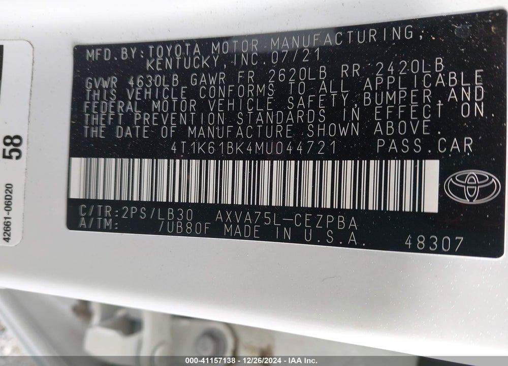 2021 TOYOTA CAMRY VIN: 4T1K61BK4MU044721