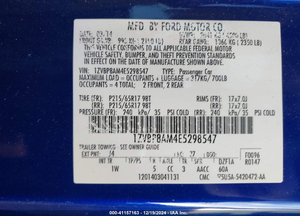2014 FORD MUSTANG V6 VIN: 1ZVBP8AM4E5298547