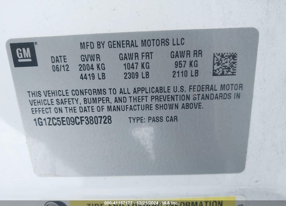 2012 CHEVROLET MALIBU VIN: 1G1ZC5E09CF380728