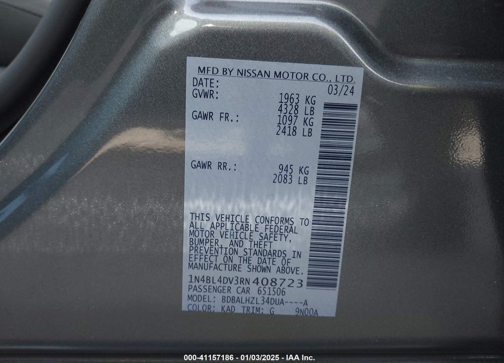 2024 NISSAN ALTIMA SV FWD VIN: 1N4BL4DV3RN408723