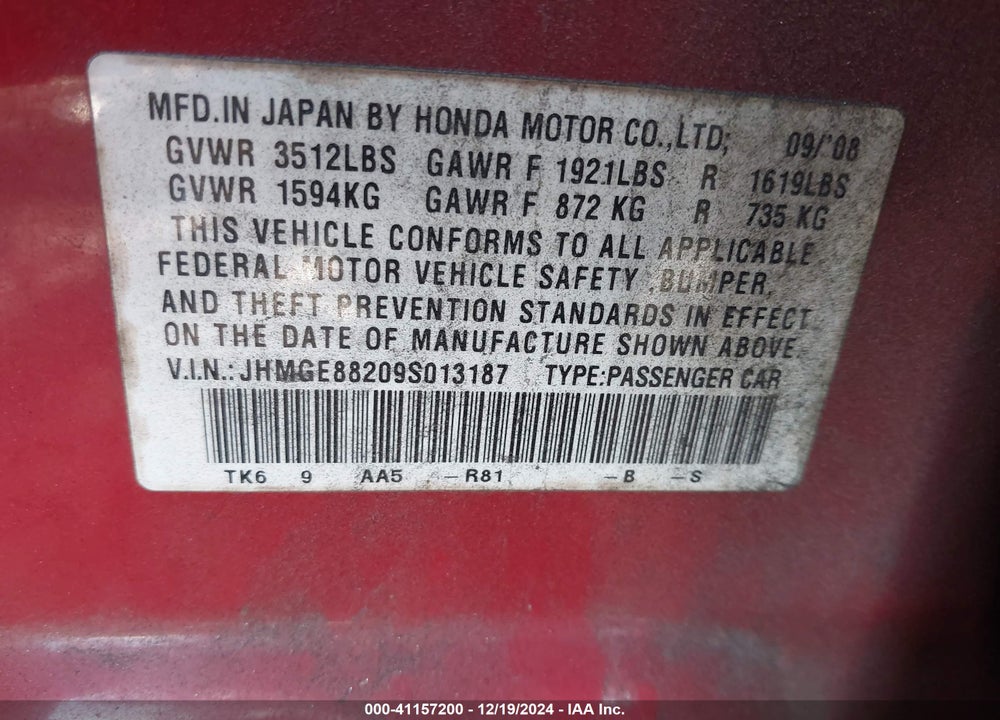 2009 HONDA FIT VIN: JHMGE88209S013187
