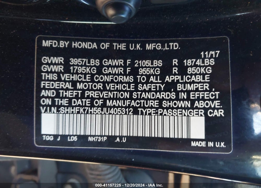 2018 HONDA CIVIC VIN: SHHFK7H56JU405312