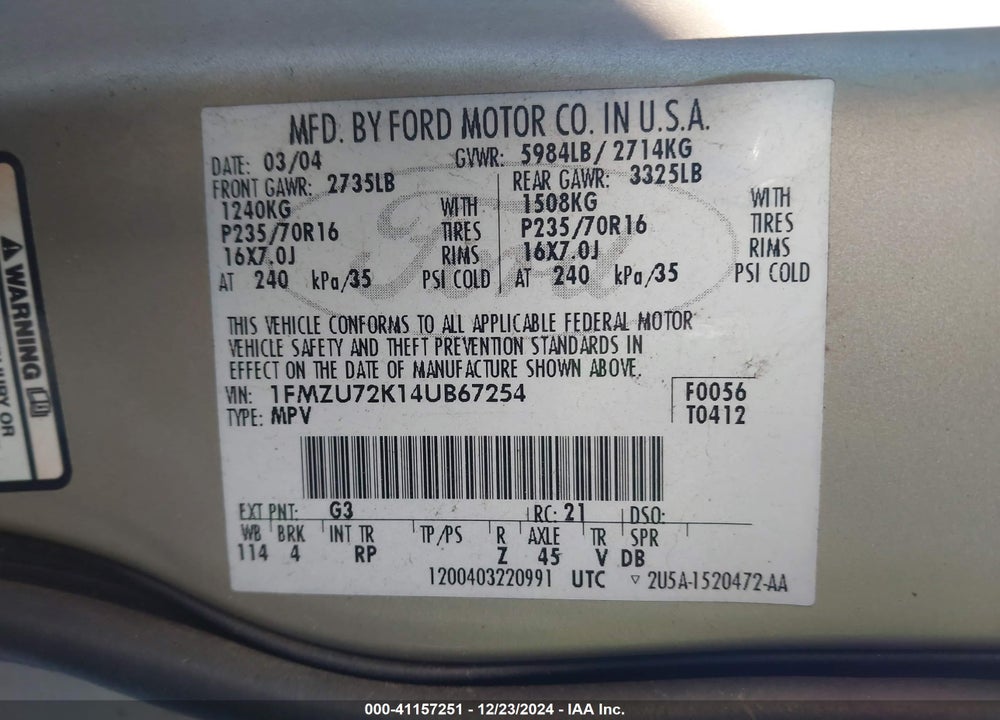 2004 FORD EXPLORER XLS VIN: 1FMZU72K14UB67254