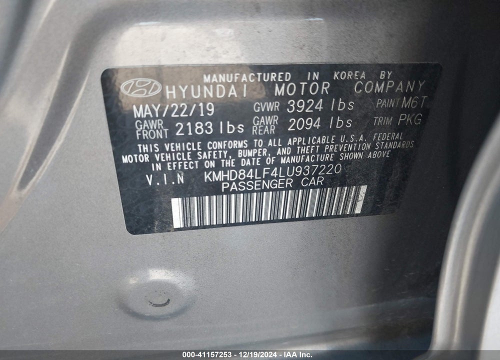2020 HYUNDAI ELANTRA VALUE EDITION VIN: KMHD84LF4LU937220