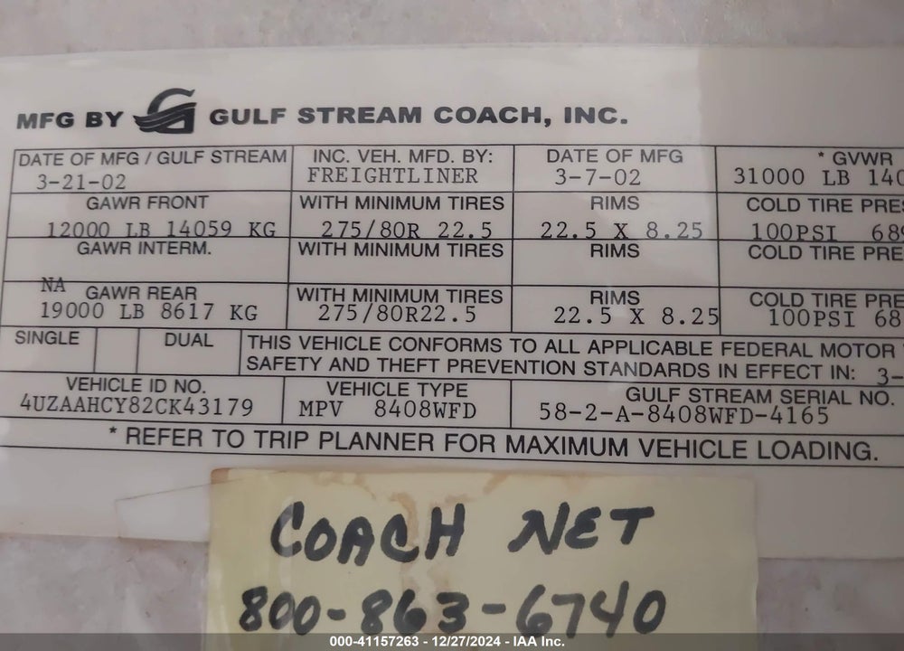 2002 FREIGHTLINER CHASSIS X LINE MOTOR HOME VIN: 4UZAAHCY82CK43179