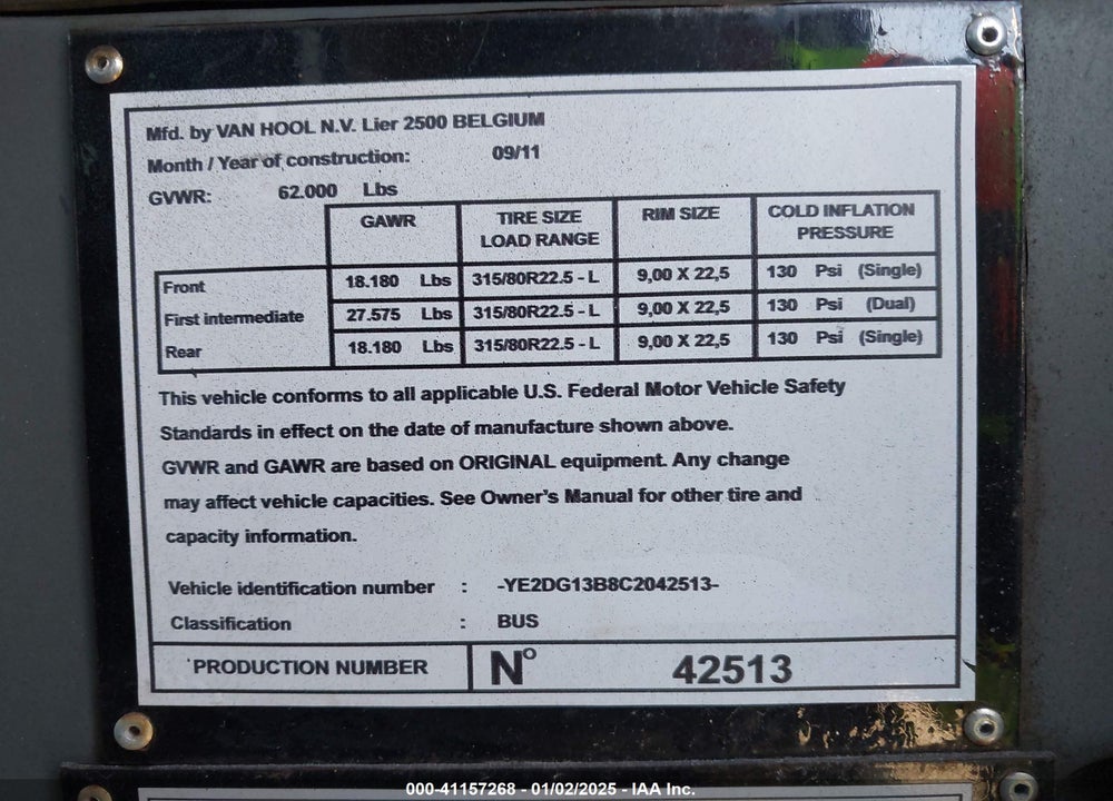 2012 VAN HOOL TD925 VIN: YE2DG13B8C2042513
