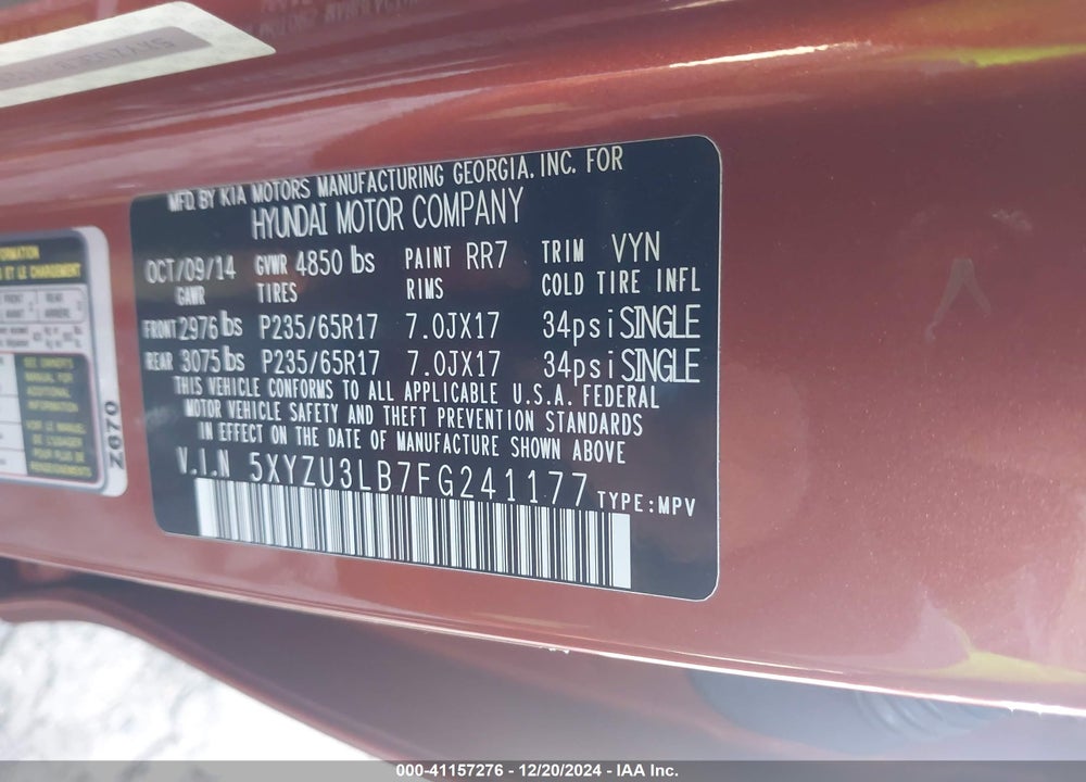 2015 HYUNDAI SANTA FE SPORT VIN: 5XYZU3LB7FG241177