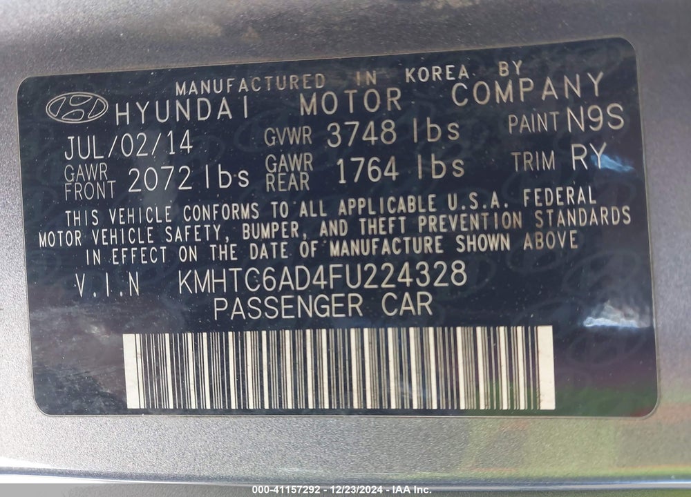 2015 HYUNDAI VELOSTER VIN: KMHTC6AD4FU224328