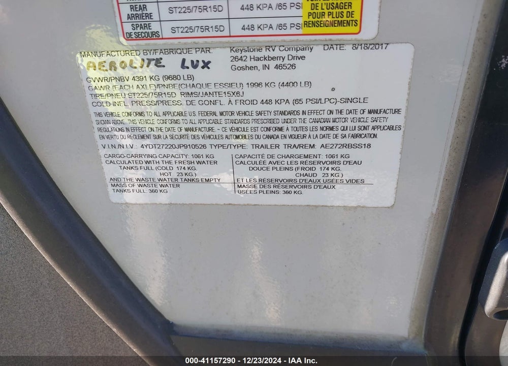 2018 DUTCHMEN AEROLITE 272RBSS VIN: 4YDT27220JP910526