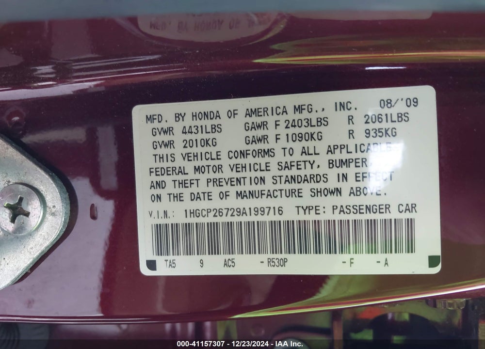 2009 HONDA ACCORD 2.4 EX VIN: 1HGCP26729A199716