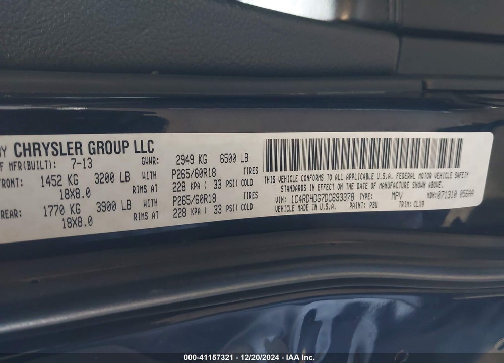 2013 DODGE DURANGO CREW VIN: 1C4RDHDG7DC693378