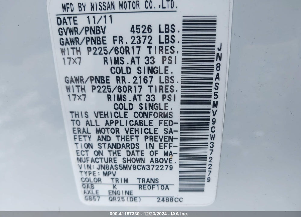2012 NISSAN ROGUE SV VIN: JN8AS5MV9CW372279